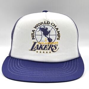 Los Angeles Lakers Hat Cap Snap Back Purple Trucker NBA World Champs 84 85 VTG